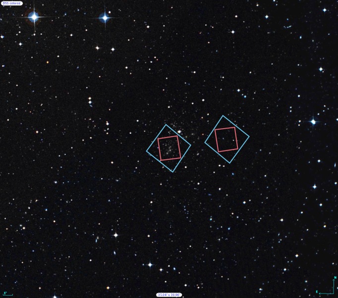 Locations of Hubble's observations of the Abell 2744 galaxy cluster (left) and the nearby parallel field (right), plotted over a Digital Sky Survey (DSS) image. The blue boxes outline the regions of Hubble's visible light observations, and the red boxes indicate areas of Hubble's infrared light observations. The 1’ bar, read as one arcminute, corresponds to approximately 1/30 the apparent width of the full moon as seen from Earth. Credit: Digitized Sky Survey (STScI/NASA) and Z. Levay (STScI).