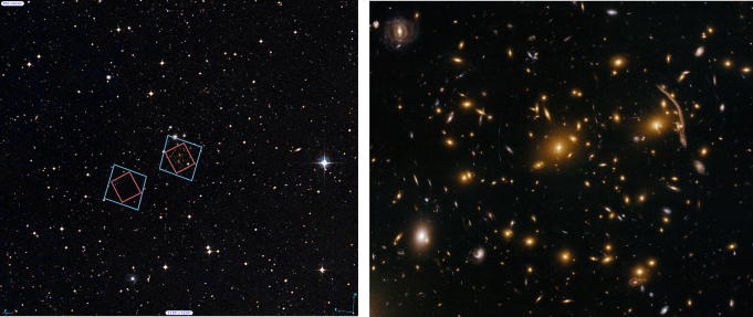 (Left) Locations of Hubble’s observations of the Abell 370 galaxy cluster, right, and the nearby parallel field, left, plotted over a Digital Sky Survey (DSS) image. The blue boxes outline the regions of Hubble’s visible light observations, and the red boxes indicate areas of Hubble’s infrared light observations. The 1’ bar, read as one arcminute, corresponds to approximately 1/30 the apparent width of the full moon as seen from Earth. (Right) Archival Hubble image of the Abell 370 galaxy cluster taken in visible light. Left Credit: Digitized Sky Survey (STScI/NASA) and Z. Levay (STScI). Right Credit: NASA, ESA, the Hubble SM4 ERO Team, and ST-ECF