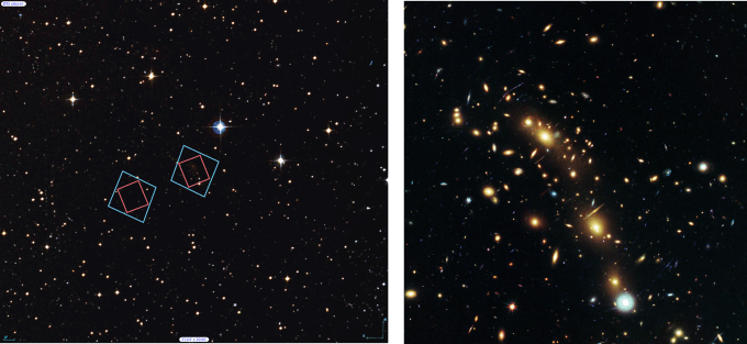 (Left) Locations of Hubble’s observations of the MACS J0416 galaxy cluster, right, and the nearby parallel field, left, plotted over a Digital Sky Survey (DSS) image. The blue boxes outline the regions of Hubble’s visible light observations, and the red boxes indicate areas of Hubble’s infrared light observations. The 1’ bar, read as one arcminute, corresponds to approximately 1/30 the apparent width of the full moon as seen from Earth. (Right) Archival Hubble image of the MACS J0416 galaxy cluster taken in visible light. Left Credit: Digitized Sky Survey (STScI/NASA) and Z. Levay (STScI). Right Credit: NASA, ESA, and M. Postman (STScI), and the CLASH team.