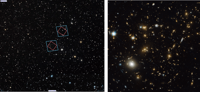 (Left) Locations of Hubble’s observations of the MACS J0717 galaxy cluster, bottom, and the nearby parallel field, top, plotted over a Digital Sky Survey (DSS) image. The blue boxes outline the regions of Hubble’s visible light observations, and the red boxes indicate areas of Hubble’s infrared light observations. The 1’ bar, read as one arcminute, corresponds to approximately 1/30 the apparent width of the full moon as seen from Earth. (Right) Archival Hubble image of the MACS J0717 galaxy cluster taken in visible light. Left Credit: Digitized Sky Survey (STScI/NASA) and Z. Levay (STScI). Right Credit: NASA, ESA, and H. Ebeling (University of Hawaii).