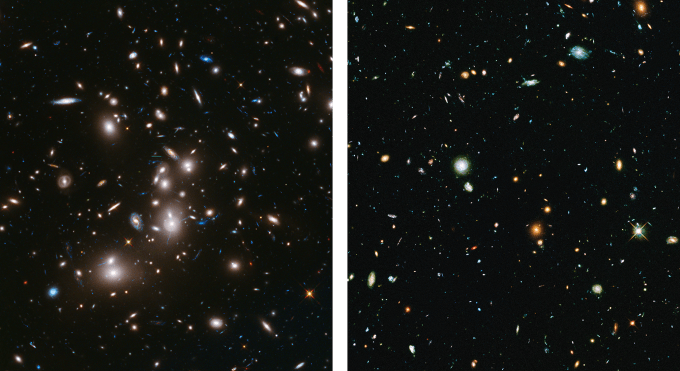 Early Frontier Field image of Abell 2744 with ~ 1/2 of the expected data included. (Left) Frontier Fields data of the galaxy cluster Abell 2744. Newly obtained infrared light data is shown in red. Visible light is included from archived observations, shown in blue and green. (Right) New Frontier Fields visible light data of the parallel field. Credit: NASA, ESA, and J. Lotz, M. Mountain, A. Koekemoer, and the HFF Team (STScI)