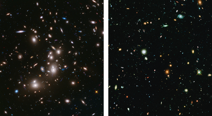 Early Frontier Field image of Abell 2744 with ~ 1/2 of the expected data included. (Left) Frontier Fields data of the galaxy cluster Abell 2744. Newly obtained infrared light data is shown in red. Visible light is included from archived observations, shown in blue and green. (Right) New Frontier Fields visible light data of the parallel field. Credit: NASA, ESA, and J. Lotz, M. Mountain, A. Koekemoer, and the HFF Team (STScI)