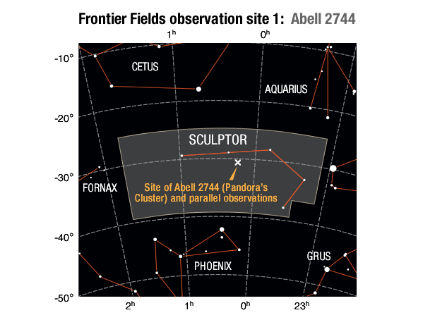 Location of the Abell 2744 galaxy cluster field and its parallel field in the Sculptor constellation.SOURCES: Frontier Field location: STScI; Enlarged constellation map: International Astronomical Union (IAU)