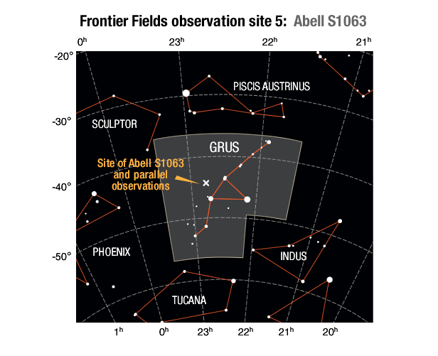 Location of the Abell S1063 galaxy cluster field and its parallel field in the Eridanus constellation.SOURCES: Frontier Field location: STScI; Enlarged constellation map: International Astronomical Union (IAU)