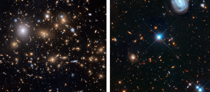 Shown on the left is the galaxy cluster MACS J0717. Shown on the right is the adjacent parallel field. These were the third pair of completed targets of the Hubble Frontier Fields program. This marked the halfway point of the Hubble Frontier Fields observing campaign and were completed in the Spring of 2015, around the 25th anniversary of the Hubble Space Telescope.