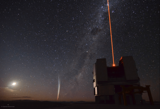 Photo taken by Gabe of Comet Lovejoy (C/2011 W3) and the European Southern Observatory’s Very Large Telescope at Cerro Paranal, Chile (December 22, 2011). Credit: Gabriel Brammer.