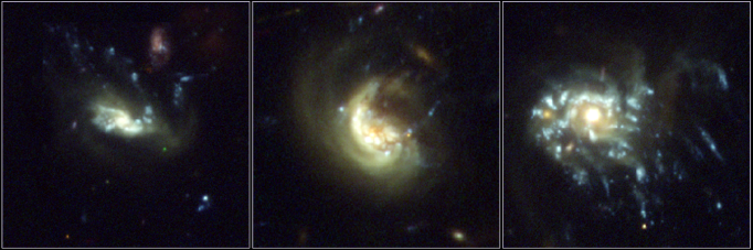 Three examples of jellyfish galaxies in the Frontier Fields. In each image, the telltale, trailing “tentacles” of stars and gas are present. The left and right galaxies are from galaxy cluster Abell 2744. The middle galaxy resides in galaxy cluster Abell S1063.