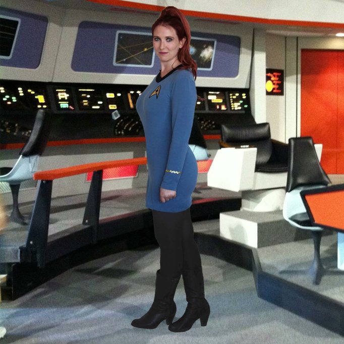 Wearing a Star Trek uniform she sewed herself, Rachael steps onto the bridge of the starship Enterprise.